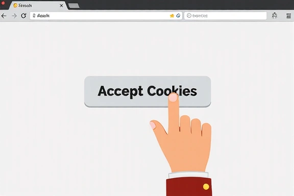 Ręka klikająca w przycisk 'Akceptuj' na banerze zgody na pliki cookie